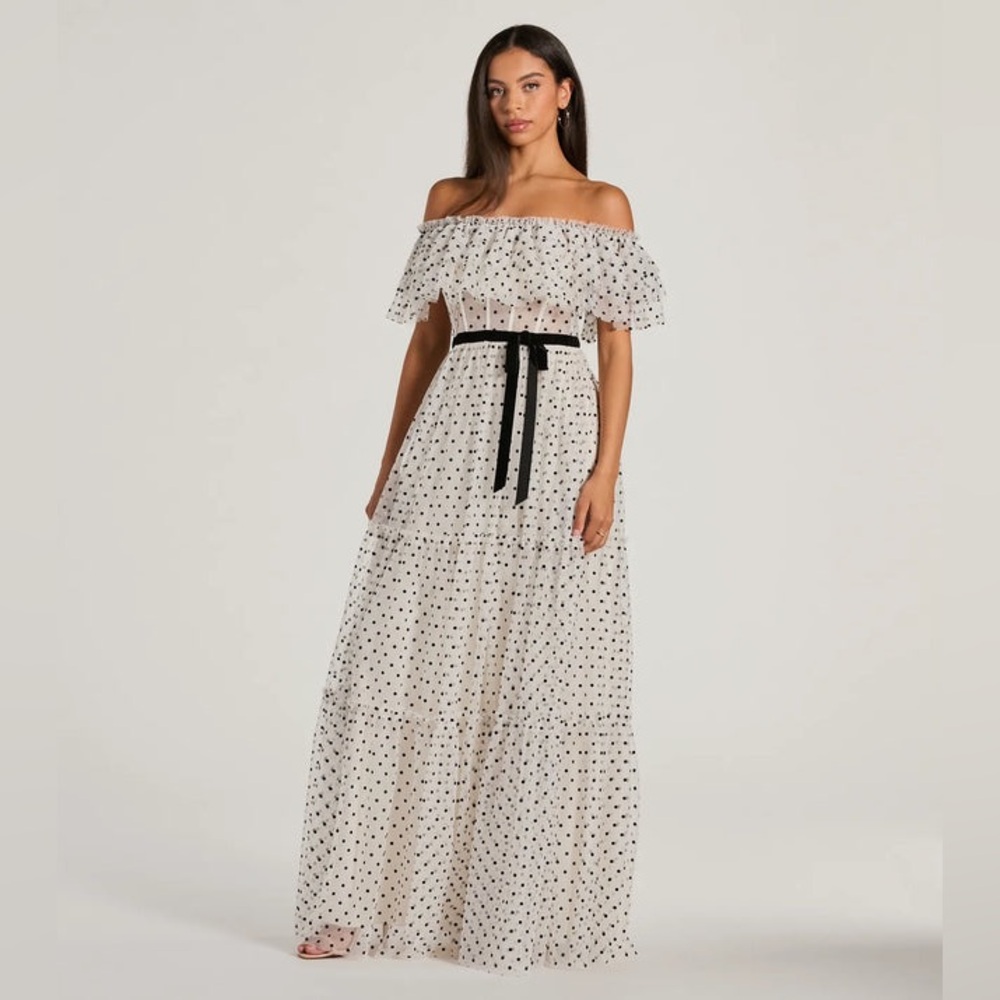 Polka Dot Mesh Off-The-Shoulder Dress